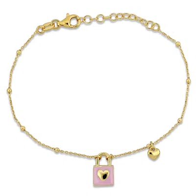 Mimi & Max Pink Enamel Lock And Heart Charm Bracelet In Yellow Silver- 7+1 In. In Multi
