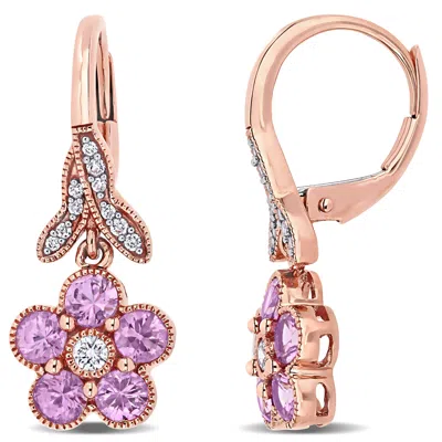 Mimi & Max Pink Sapphire And 1/7ct Tw Diamond Flower Leverback Earrings In 14k Rose Gold