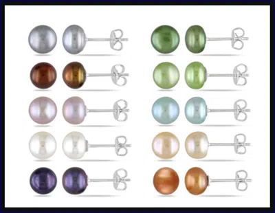 Mimi & Max Set Of 10 Pairs Of 7mm Button-shaped Freshwater Cultured Pearl Stud Earrings In Sterling Silver In Multi