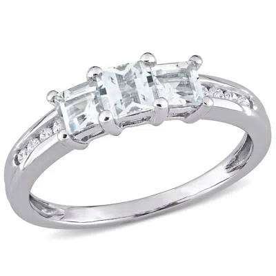 Mimi & Max Square Shaped Aquamarine 3-stone Ring With 1/10ct Tw Diamonds 10k White Gold In Silver