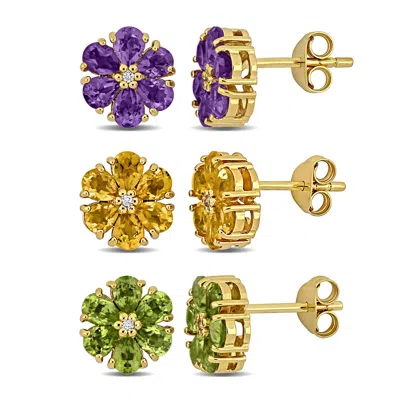 Mimi & Max Three Pairs Earring Set 4 1/2ct Tgw Amethyst Citrine Peridot White Topaz In Yellow Silver In Purple