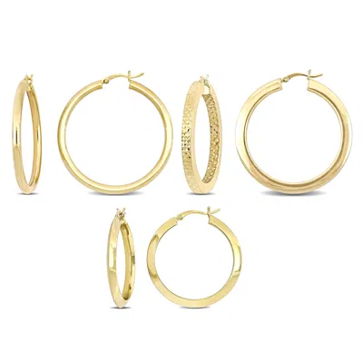 Mimi & Max Three Pairs Yellow Silver Hoop Earrings Set Textured 40x4mm Tube 40x3mm Flat 30x3.3mm In Gold