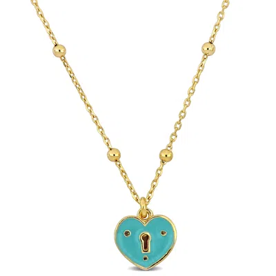 Mimi & Max Turquoise Enamel Heart Necklace On Diamond Cut Cable Chain W/ Ball Beads In Yellow Silver - 16.5+1 I In Green