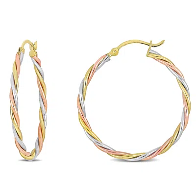 Mimi & Max Twisted Hoop Earrings In 3-tone 10k White Yellow & Rose Gold In Multi