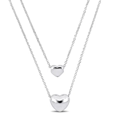 Mimi & Max Two Heart Double Strand Charm Necklace In Sterling Silver - 16+18 In. In White