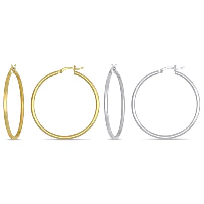 Mimi & Max Two Pairs 10k Yellow White Gold Hoop Earrings Set 40x2mm In Multi