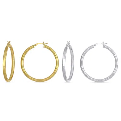 Mimi & Max Two Pairs 10k Yellow White Gold Hoop Earrings Set 40x3mm In Multi