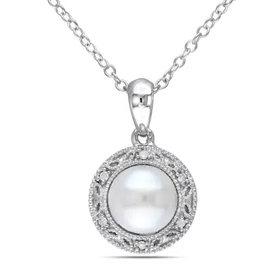 Mimi & Max White Cultured Freshwater Pearl Diamond Filigree Halo Necklace Sterling Silver