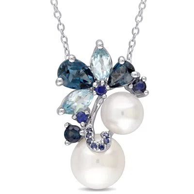 Mimi & Max White Cultured Freshwater Pearl, London And Sky-blue Topaz, And Sapphire Pendant With Chain In Sterl