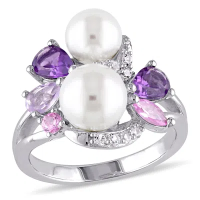 Mimi & Max White Cultured Freshwater Pearl Ring With Amethyst In Silver