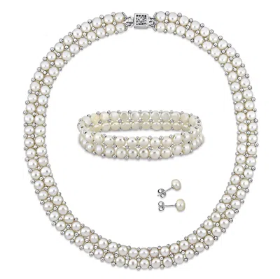 Mimi & Max Women's 3pc Set Of 6-8mm Freshwater Cultured Pearl Necklace Double Row Bracelet And Stud Earrings W/ In White