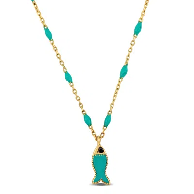 Mimi & Max Womens 14k Yellow Gold Green Enamel Fish Necklace W/ Spring Ring Clasp - 16+2 In.