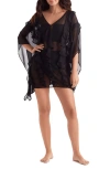 Mimi Flamingo Breeze Ruffle Sheer Cover-up Poncho In Black