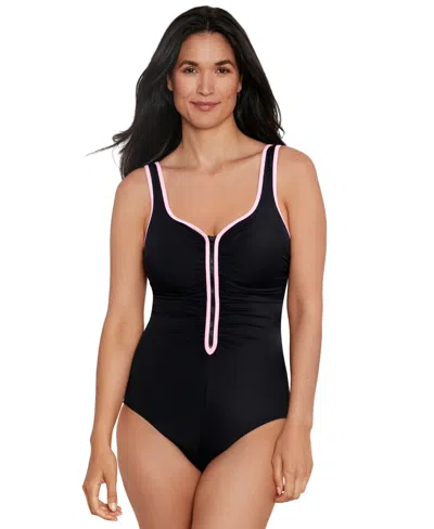 Mimi Flamingo By Shape Solver Sport Women's Color-coated Shirred One-piece Zip-up Swimsuit In Pink