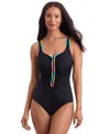 Mimi Flamingo By Shape Solver Sport Women's Shirred-side Zip-up One-piece Swimsuit In Multi