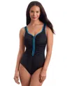 Mimi Flamingo By Shape Solver Sport Women's Shirred-side Zip-up One-piece Swimsuit In Turquoise Blue