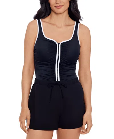 Mimi Flamingo By Shape Solver Sport Women's Shirred Zipper Jogger One Piece Swimsuit In Black,white