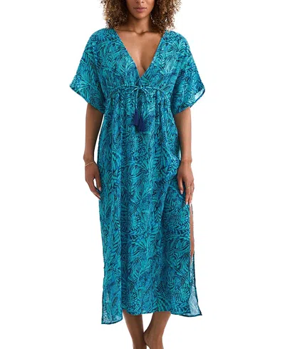 Mimi Flamingo Dylan Midi Cotton Cover-up Caftan In Blue