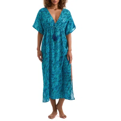 Mimi Flamingo Dylan Midi Cotton Cover-up Caftan In Blue