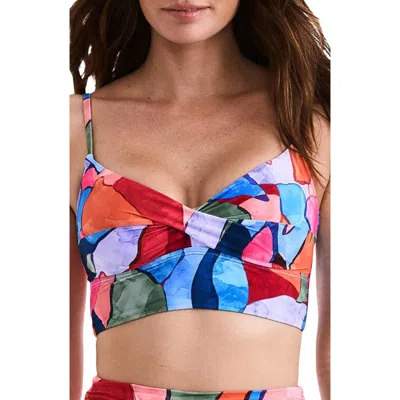 Mimi Flamingo Jamie Cross Front Longline Bikini Top In Multi