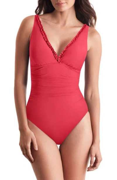 Mimi Flamingo Sonny Ruffle Surplice V-neck One-piece Swimsuit In Red