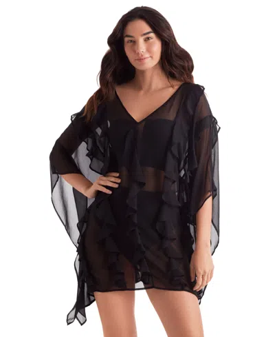 Mimi Flamingo Women's Breeze Ruffle-trim Poncho Cover-up In Black