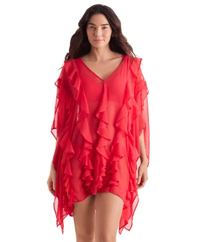 Mimi Flamingo Women's Breeze Ruffle-trim Poncho Cover-up In Punch