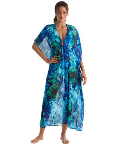Mimi Flamingo Women's Dune Printed Midi V-neck Caftan In Saltwater Tie Dye
