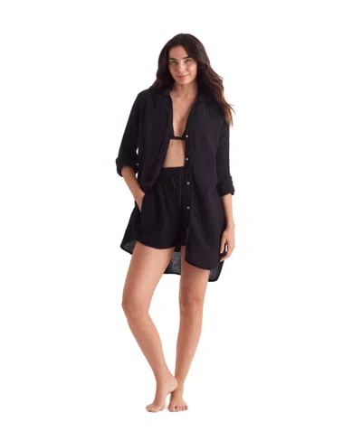 Mimi Flamingo Women's Laguna Collared V-neck Fray Shirt In Black