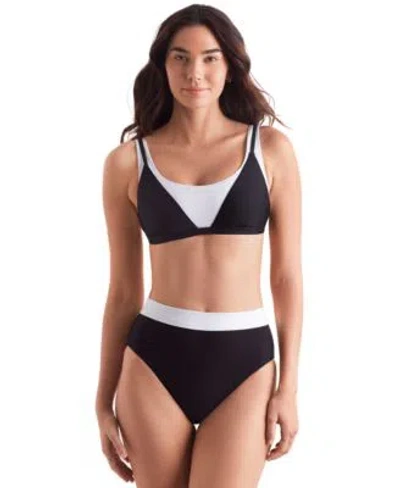 Mimi Flamingo Womens Drift Two Tone Bralette Bikini Top High Waist Bottoms In Black,white