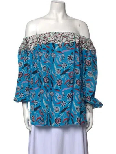 Pre-owned Mimi Liberte By Michel Klein Printed Off-the-shoulder Blouse In Blue
