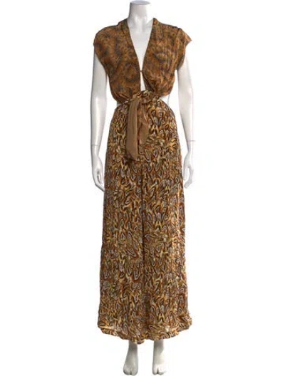 Pre-owned Mimi Liberte By Michel Klein Printed V-neck Jumpsuit In Brown