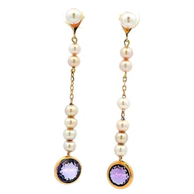 Pre-owned Mimi Milano 18k Rose Gold Pearl And Amethyst Day-to-night Drop Earrings In Red