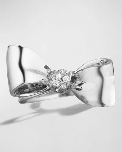 Mimi So 18k White Gold Small White Diamond Knot Bow Ring In Metallic