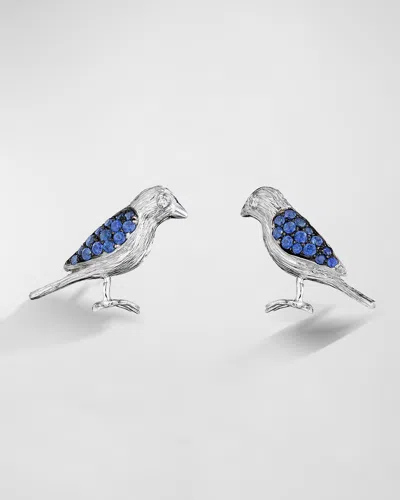 Mimi So Oxidized 18k White Gold Wonderland Pave Blue Sapphire And Diamond Bird Stud Earrings In Metallic