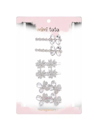 Mimi Tutu Kids' Crystal Floral-motif Hair Clips (set Of Three) In White