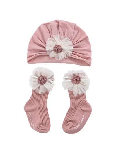 Mimi Tutu Babies' Floral-embellished Beanie Hat And Socks Set In Pink