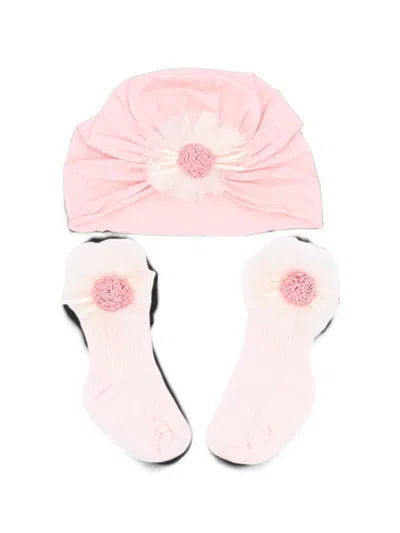 Mimi Tutu Babies' Floral-embellished Turban And Socks Set In Pink