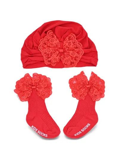 Mimi Tutu Babies' Lace-bow Hat And Socks Gift Set In Red