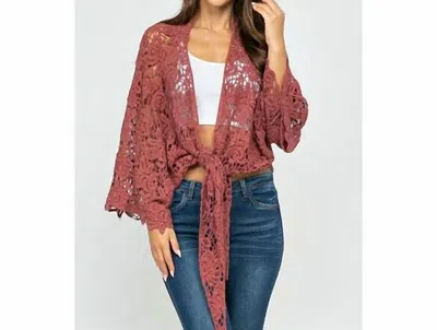 Mimi Wholesale Floral Crochet Front Tie Up Kimono In Redwood In Brown