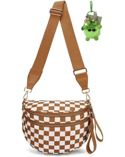 Mimi Wholesale Women's Checkered Nylon Sling Crossbody Bag In Tan In Brown