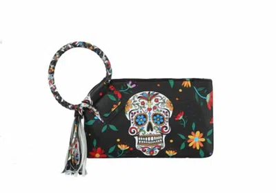 Mimi Wholesale Women's Day Of The Dead Sugar Skull Vegan Leather Wristlet Clutch In Black In Multi
