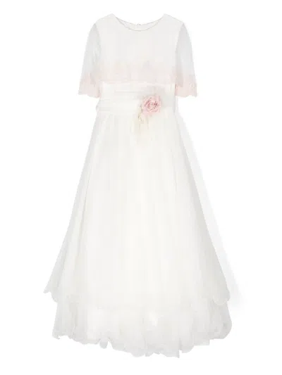Mimilù Kids' Floral-appliqué Layered Long Dress In White