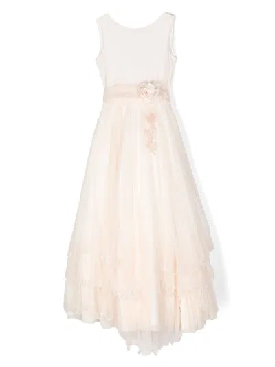 Mimilù Kids' Floral-appliqué Long Dress In Neutrals