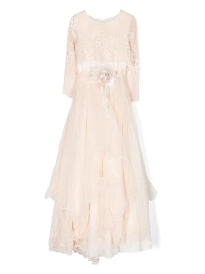 Mimilù Kids' Floral-appliqué Long Dress In Neutrals