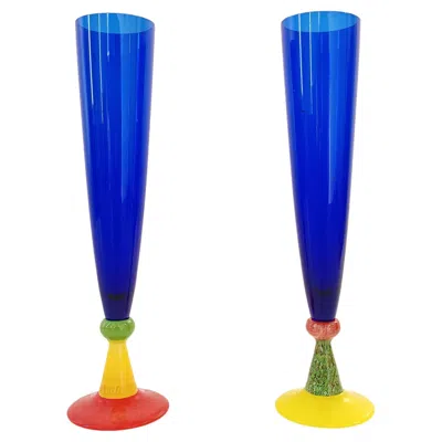 Pre-owned Mimmo Rotella Pair Of Blue Murano Glass Flutes By Bisazza & Rotella, Italy 2000