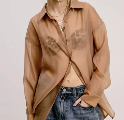 Mimosa Oversized Sheer Organza Collared Button-down Blouse In Brown
