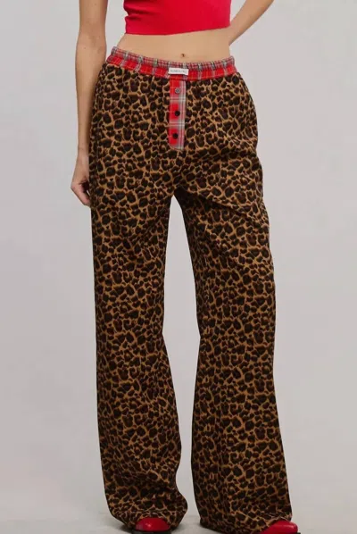 Mimosa Plaid Flannel Contrast Waistband Leopard Boxer Pant In Red In Black