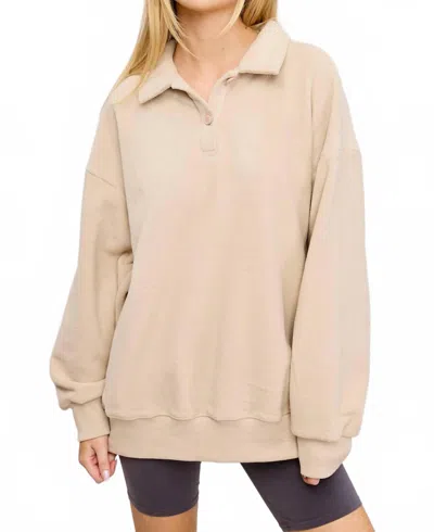 Mimosa Teddy Velour Buttoned Collar Pullover Knit Sweater In Beige In Neutral