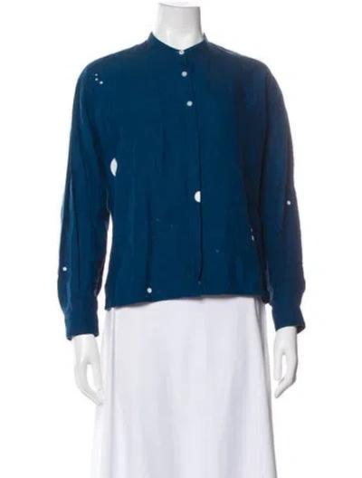 Pre-owned Minä Perhonen Linen Graphic Print Button-up Top In Blue